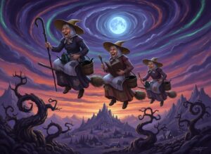 tre påskkärringar som åker p kvast på väg till blåkulla