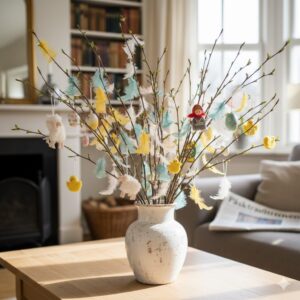 påskris i en kruka på ett bord