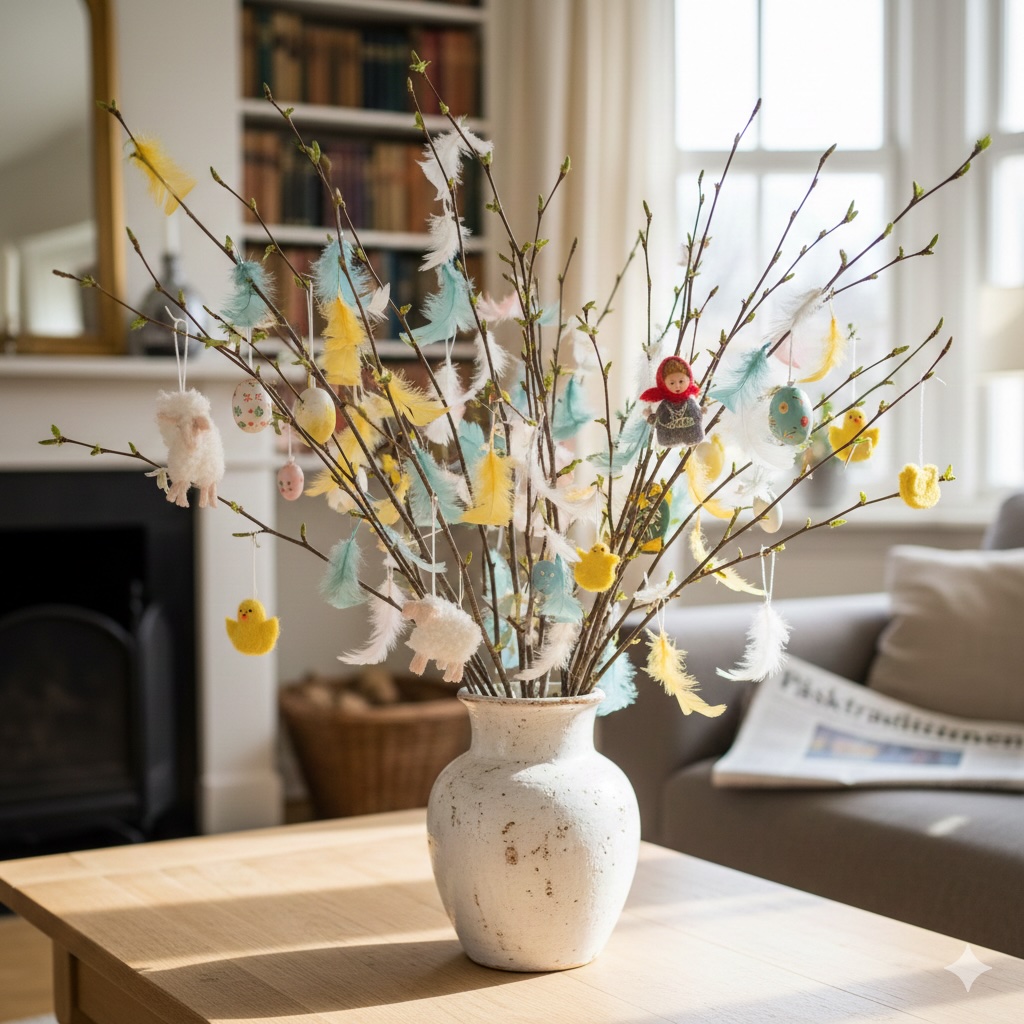 påskris i en kruka på ett bord