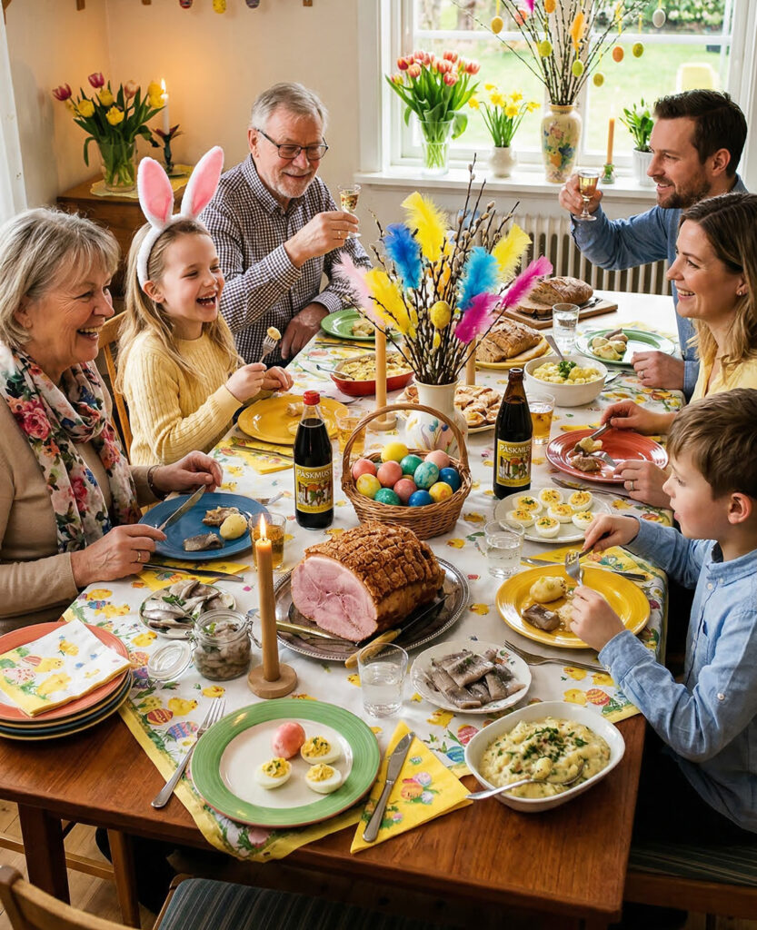 Familjen samlad kring bordet för att fira påsk
