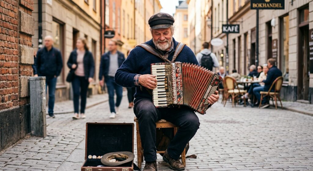 man spelar dragspel på en gata
